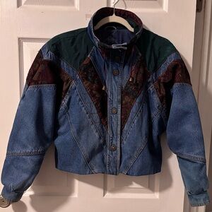 Patchwork Denim Jacket with Green and Brown Accents